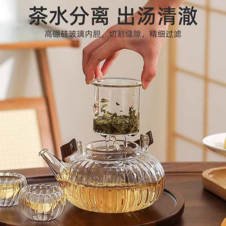 قوری پیرکس شیاردار دسته چوبی