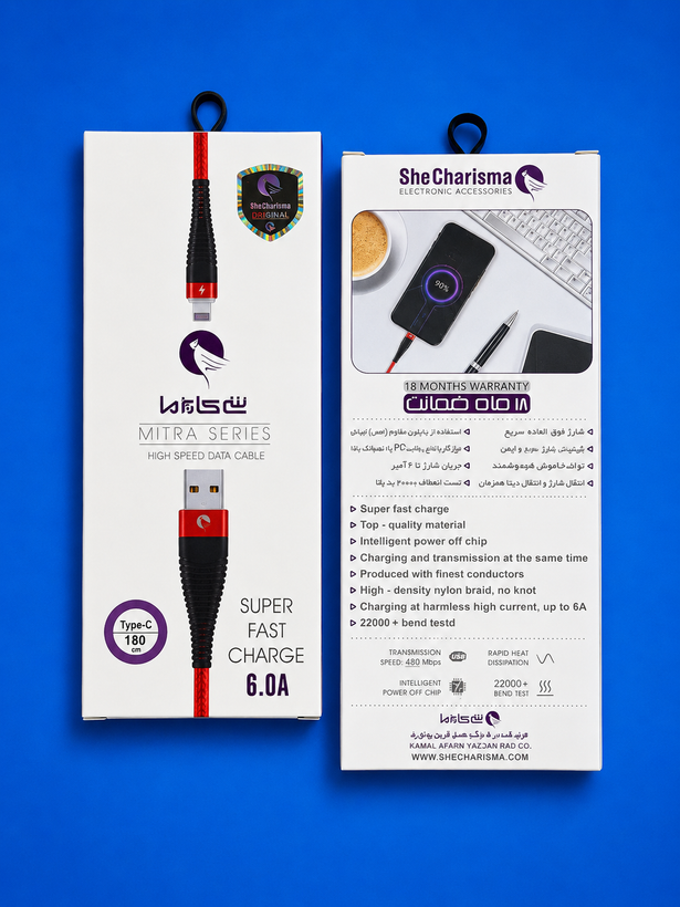 کابل شارژ و دیتا SheCharisma مدل MITRA تایپ C فست شارژ 6 آمپر 1.8 متری