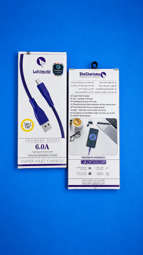 کابل شارژ و دیتا VALSEU سری YEGANEH تایپ C فست شارژ 6 آمپر 1.2 متری