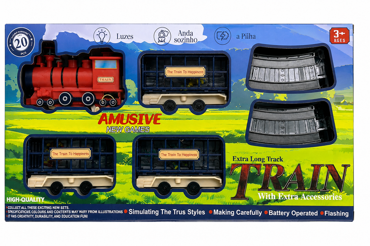 اسباببازی قطار ریلی ۲۰ تکه AMUSIVE NEW GAMES مدل Train to Happiness باتریخور و چراغدار