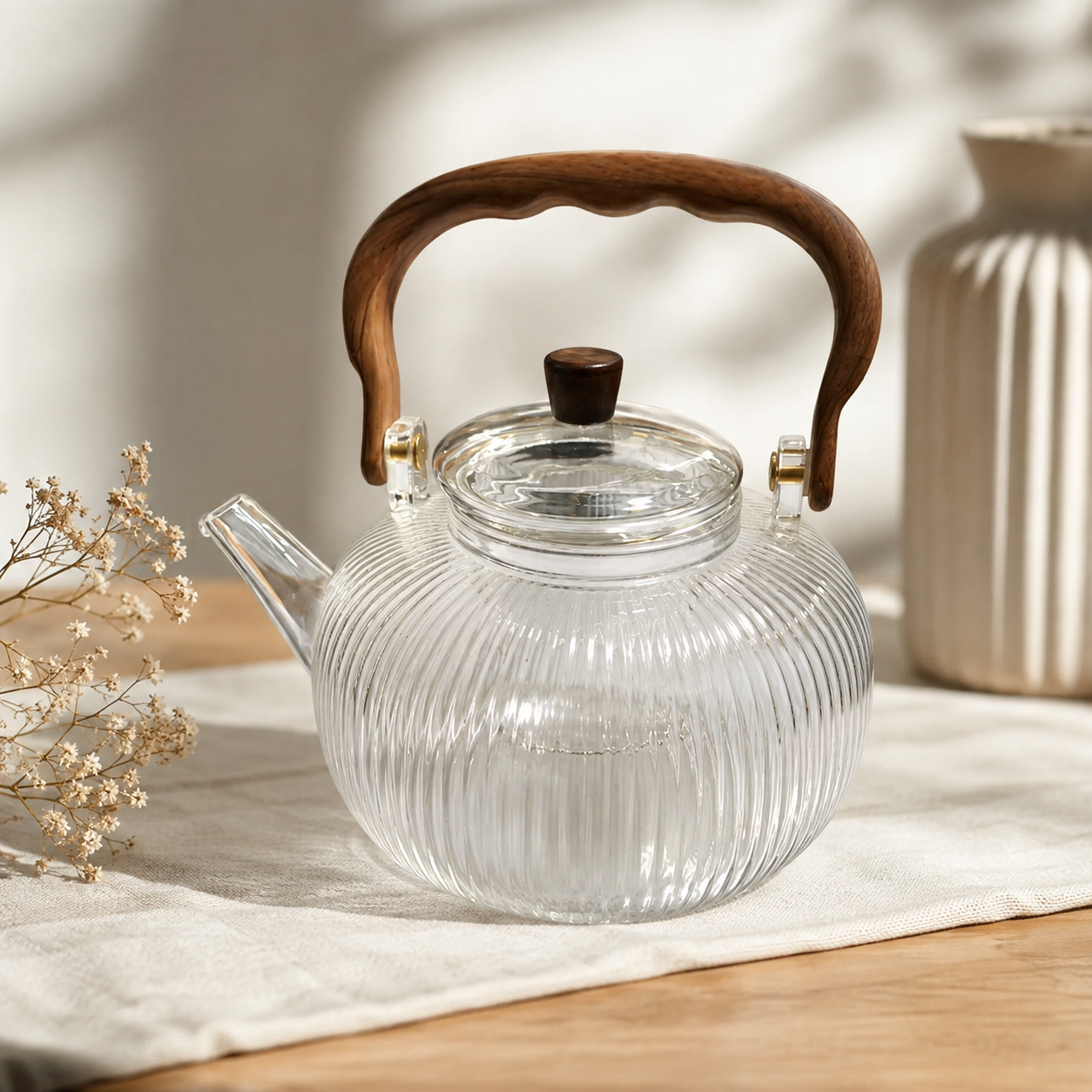 قوری پیرکس شیاردار دسته چوبی