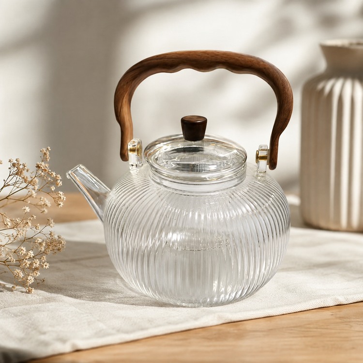 قوری پیرکس شیاردار دسته چوبی