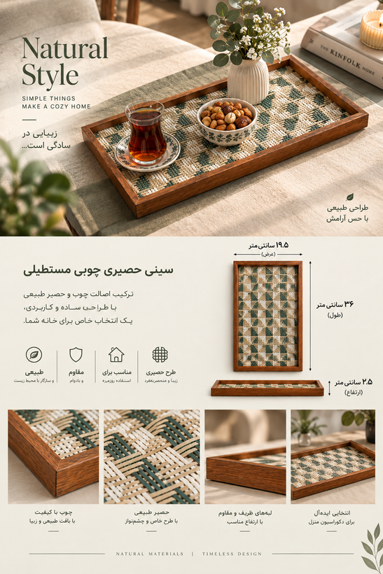 سینی چوبی حصیری مستطیلی دکوراتیو مدل ۳۶×۱۹.۵ سانتیمتر